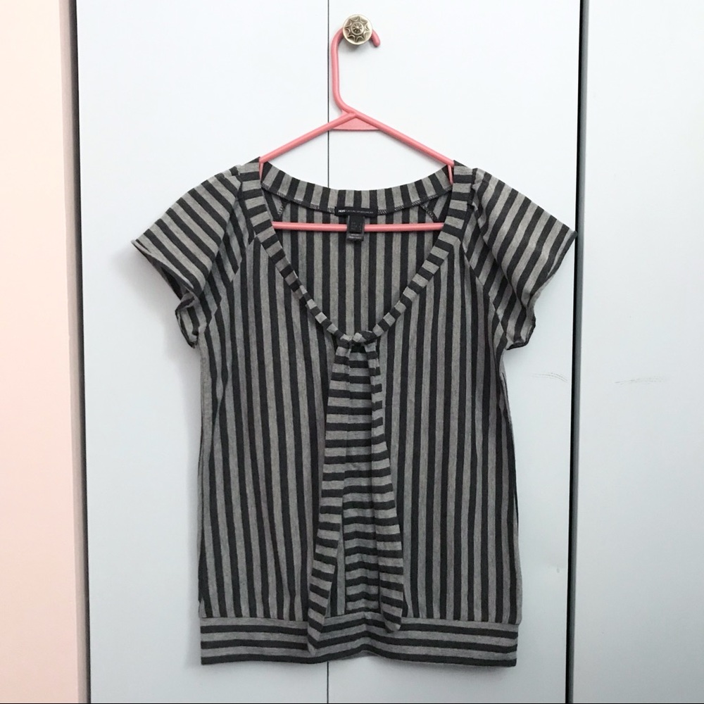 Mango Grey Striped Flutter Sleeve Tie Front Blouse
